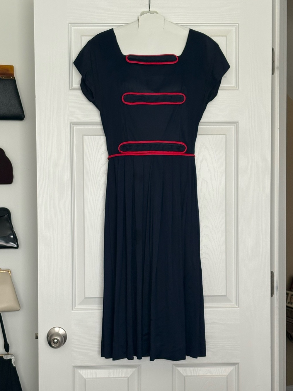 Vintage Homemade Navy Dress with Red Trim